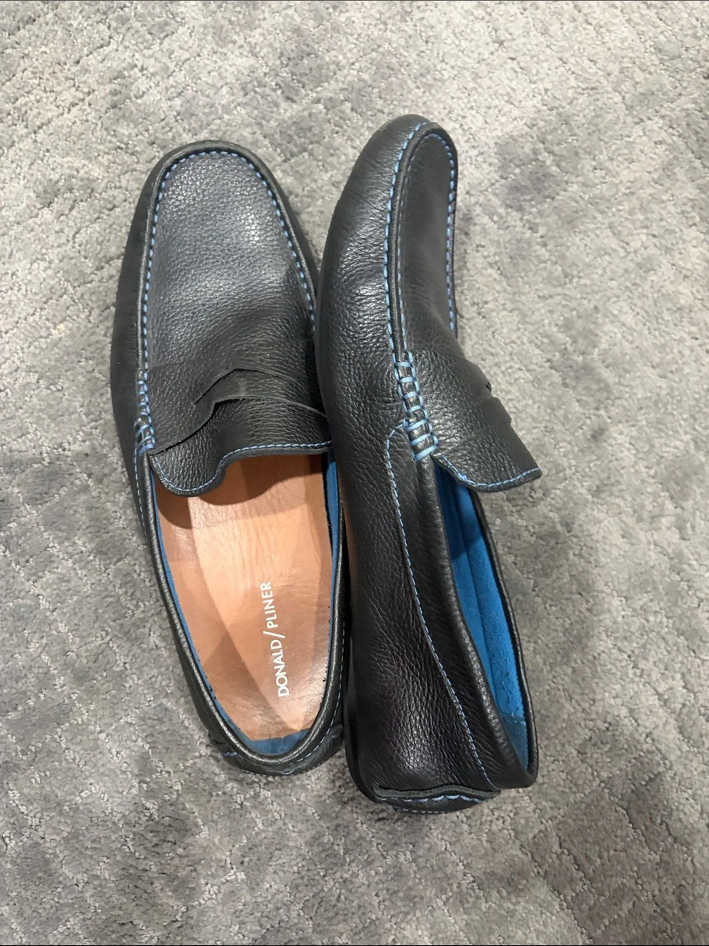Donald J. Pliner Black Leather Penny Loafers with Blue Stitching